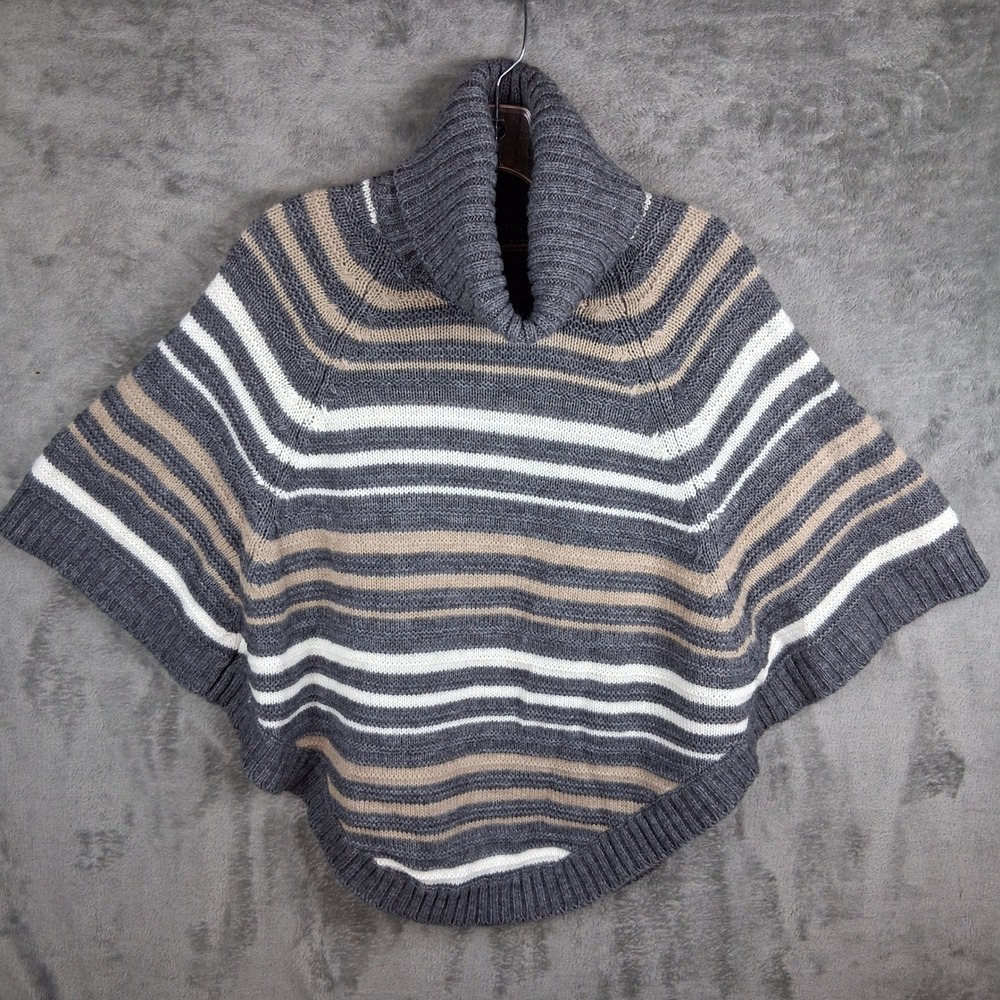 TWINS Made in Italy Poncho Sweater Womens M Gray Striped Wool Blend Turtleneck